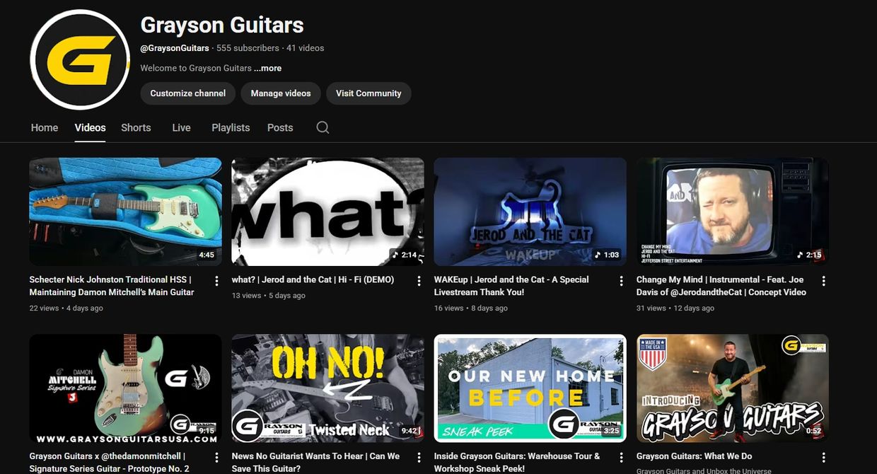 Grayson Guitars YouTube channel featuring guitar demos and workshops.