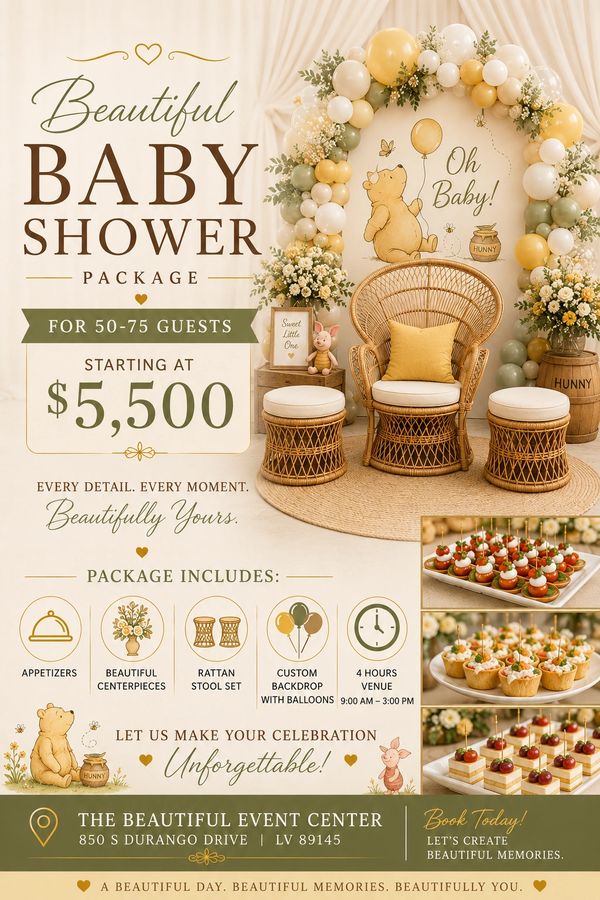 Elegant baby shower package with balloons, appetizers, and rattan furniture for 50-75 guests.