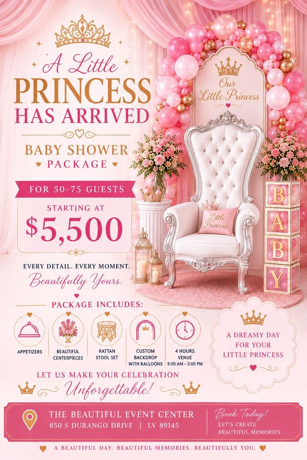 Elegant pink baby shower package for a little princess starting at $5,500 for 50-75 guests.