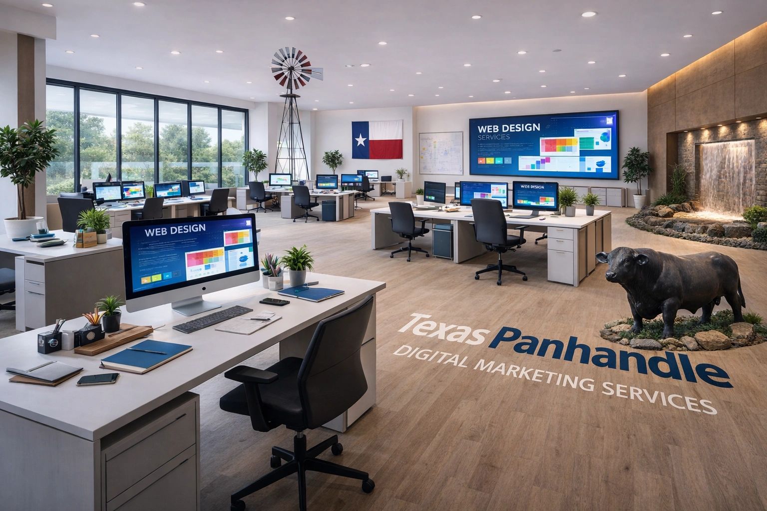 Modern digital marketing office with multiple workstations and Texas-themed decor.