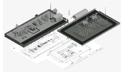 3D architectural model on blueprints.