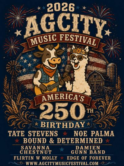 2026 AG City Music Festival poster with cartoon cow and llama celebrating America's 250th birthday.