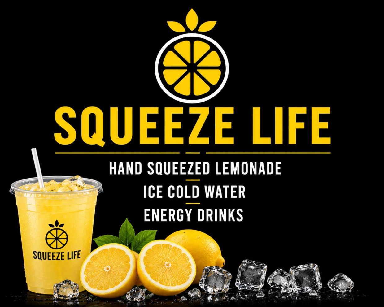 Refreshing Squeeze Life lemonade with ice and lemons.