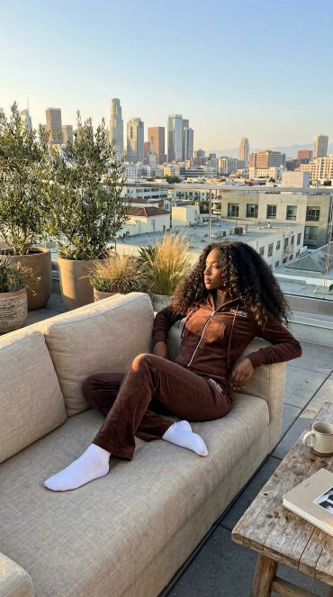 Woman relaxing on outdoor couch with city skyline in background.