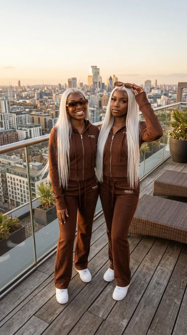 Two women with long white hair in matching brown tracksuits posing on a rooftop.