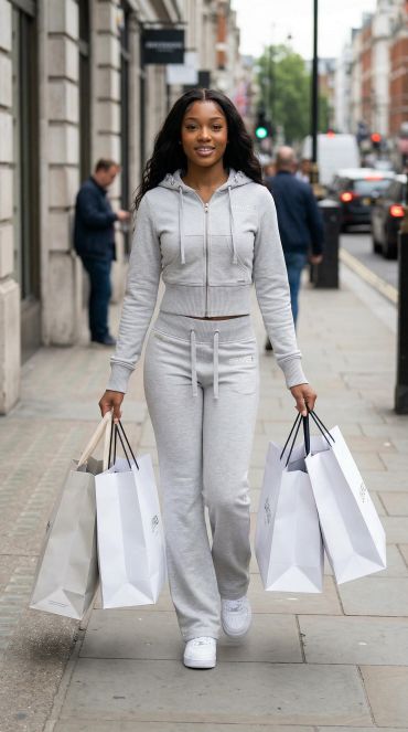 Young woman in gray tracksuit carrying shopping bags on city street.