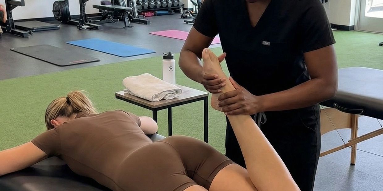 A therapist stretches a woman's leg on a massage table in a gym setting.