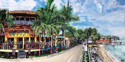 Beautiful Acrylic on Canvas of The Roatan Chocolate Factory by Canadian artist Mariane LeBlanc