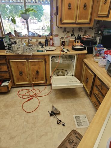 Messy kitchen with open dishwasher and scattered items on floor and counters.