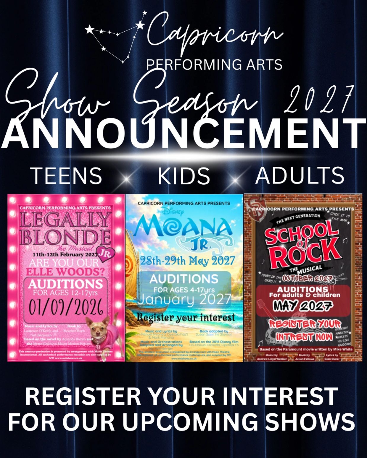 Capricorn Performing Arts 2027 show auditions for teens, kids, and adults.