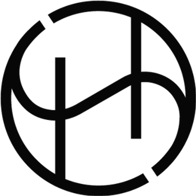 Abstract black circular logo with curved and straight lines.