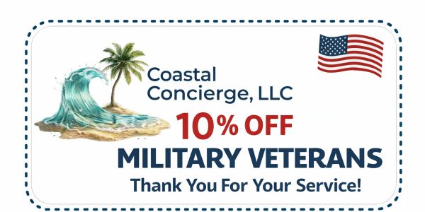 10% off for military veterans from Coastal Concierge, LLC, with a patriotic theme.