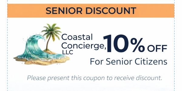 Senior discount coupon for 10% off at Coastal Concierge for senior citizens.