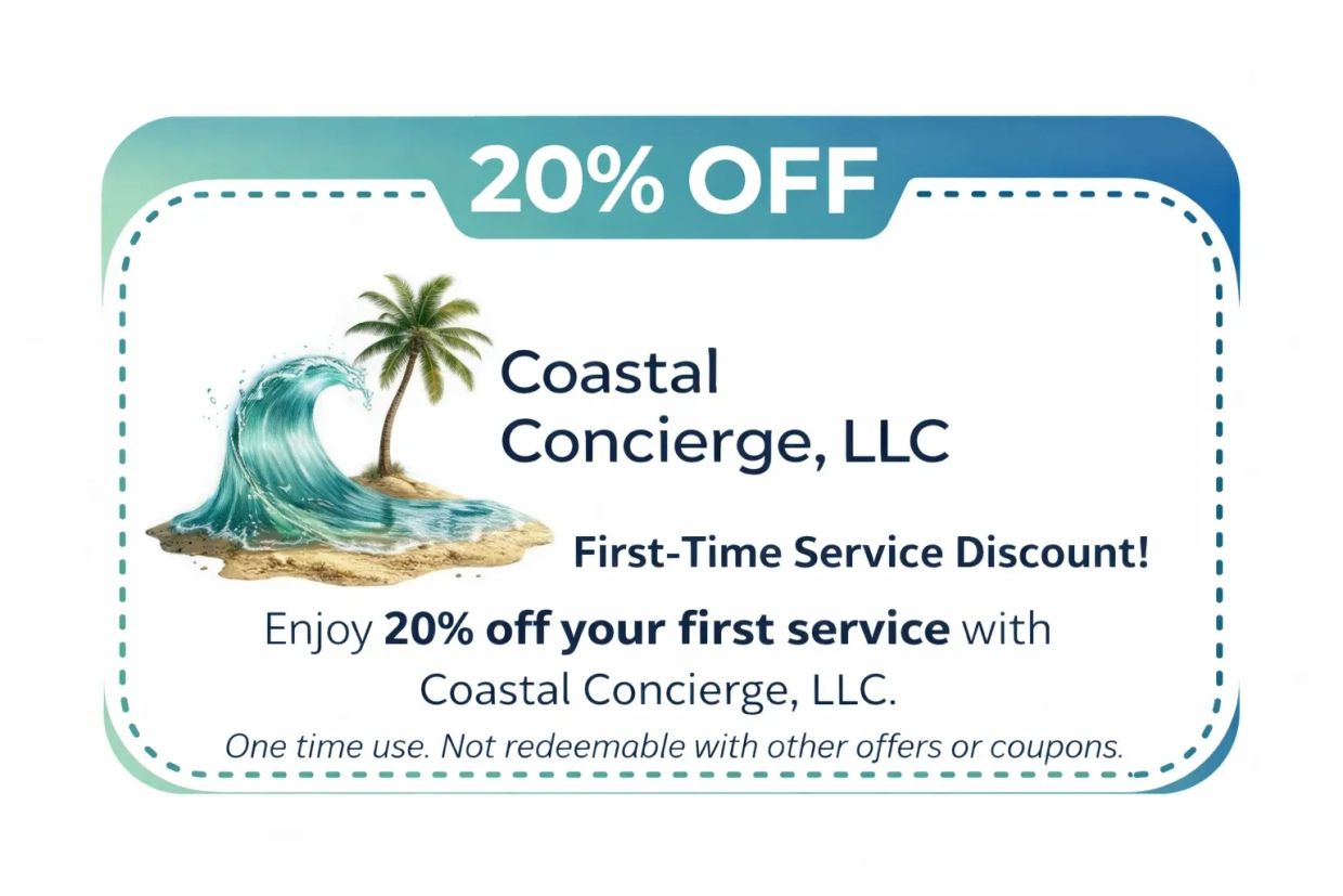 20% off first service at Coastal Concierge, LLC with a tropical island design.
