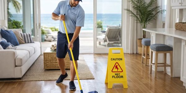 A man mops a wooden floor with a caution wet floor sign nearby.