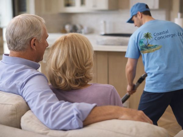 couple watching a cleaner vacuum their home.