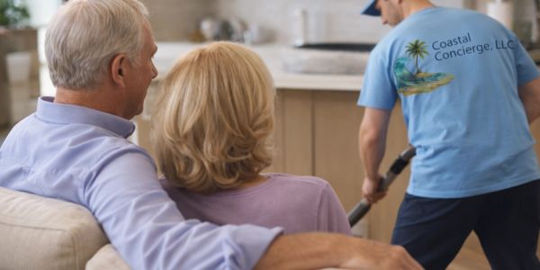 Elderly couple watching a cleaning professional at work in their home.