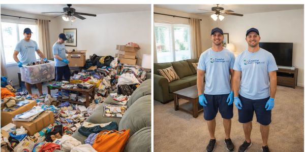 Two men clean and organize a cluttered living room, transforming it into a tidy space.