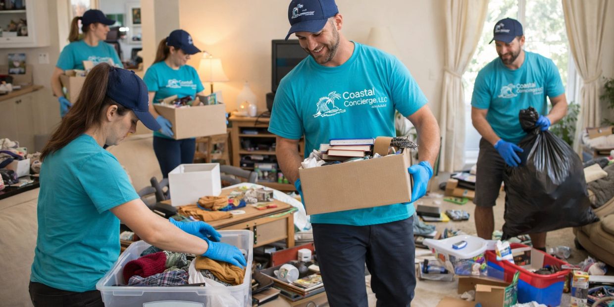 Volunteers sorting and packing donations in a cluttered living room.