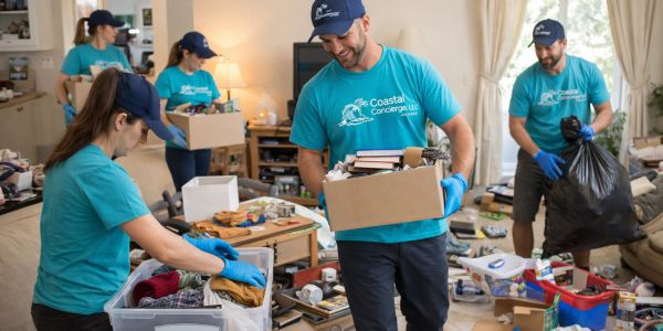 Volunteers sorting and packing donations in a cluttered living room.
