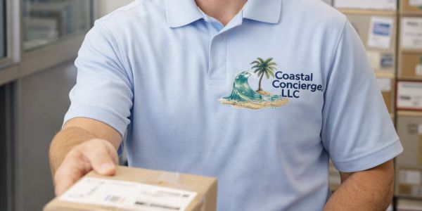 Person in a Coastal Concierge LLC polo shirt handing over a package.