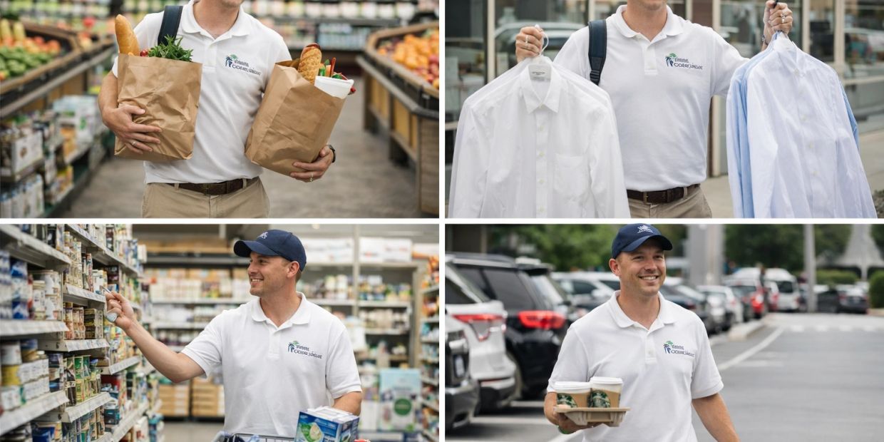 A delivery person carrying groceries in paper bags.