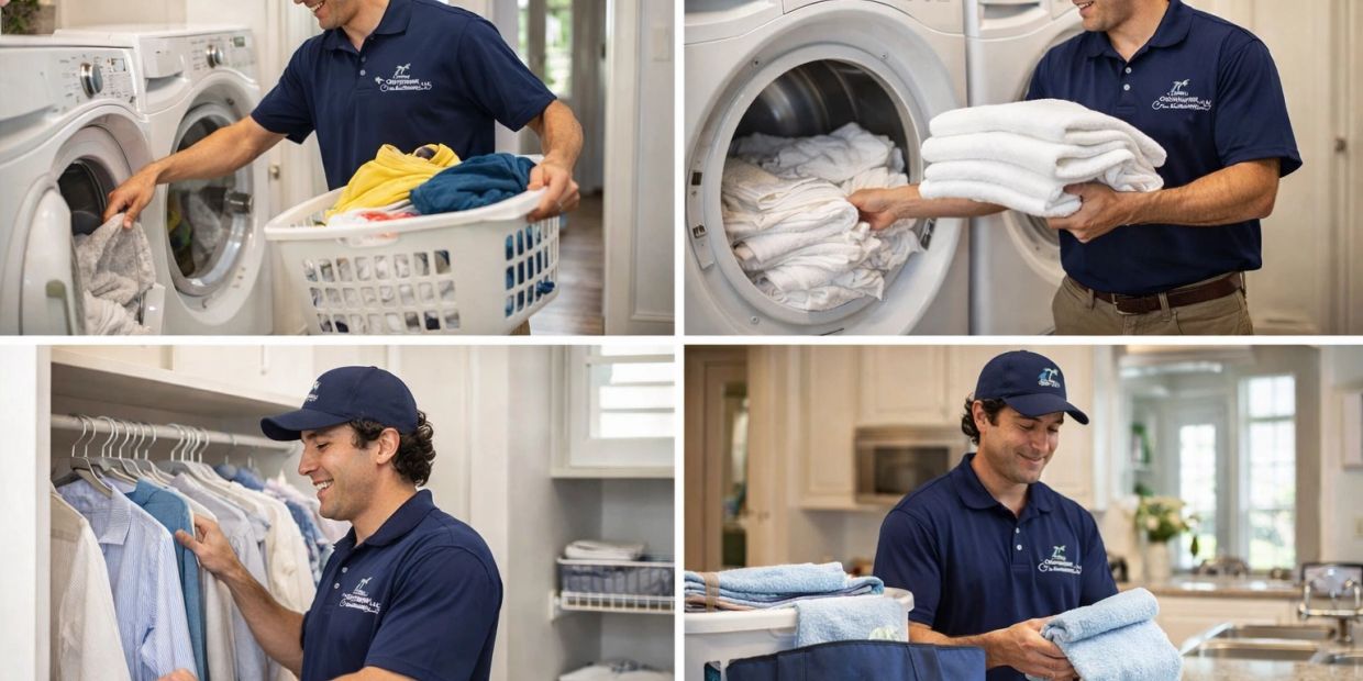 Professional laundry service worker washing, drying, and folding clothes.