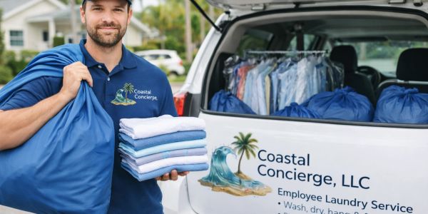 Man holding laundry bags and folded clothes by Coastal Concierge vehicle.