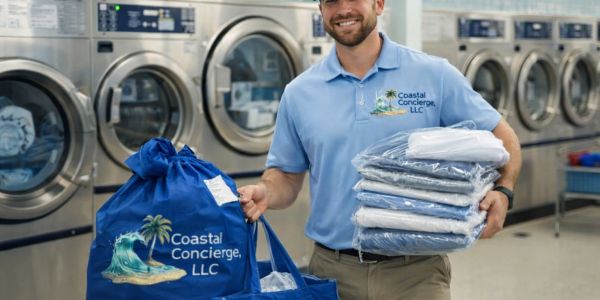 Smiling man in Coastal Concierge LLC uniform holding clean laundry in a laundromat.