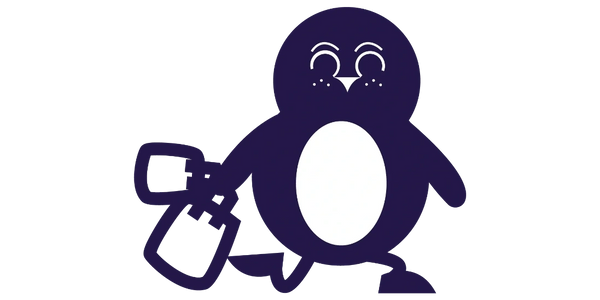 Cute penguin cartoon holding a spray bottle, walking cheerfully.