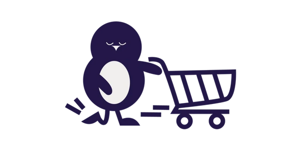 Cartoon penguin pushing an empty shopping cart, looking sleepy.
