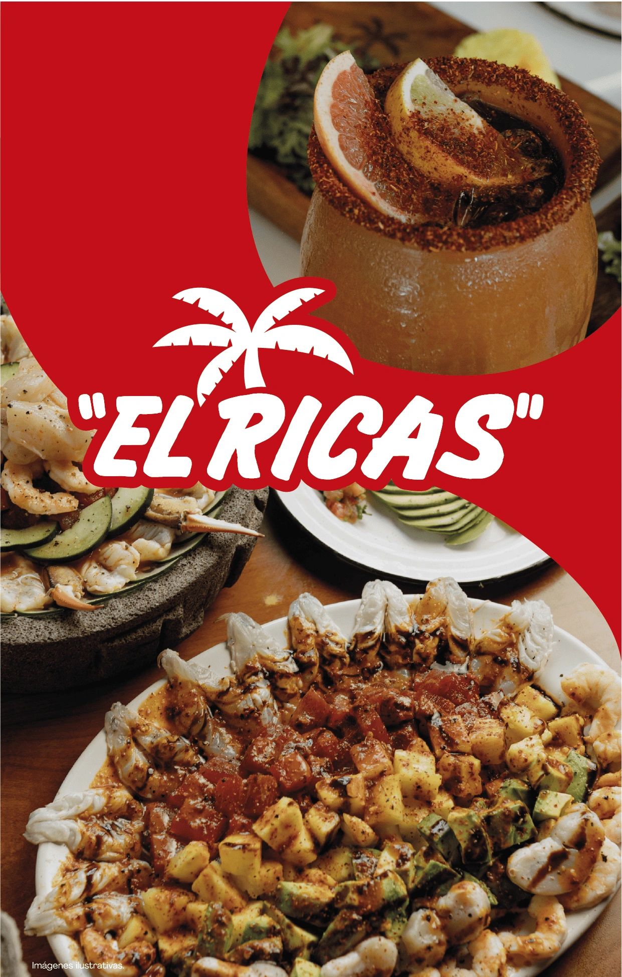 Seafood dishes and a spicy drink from El Ricas with a tropical theme.