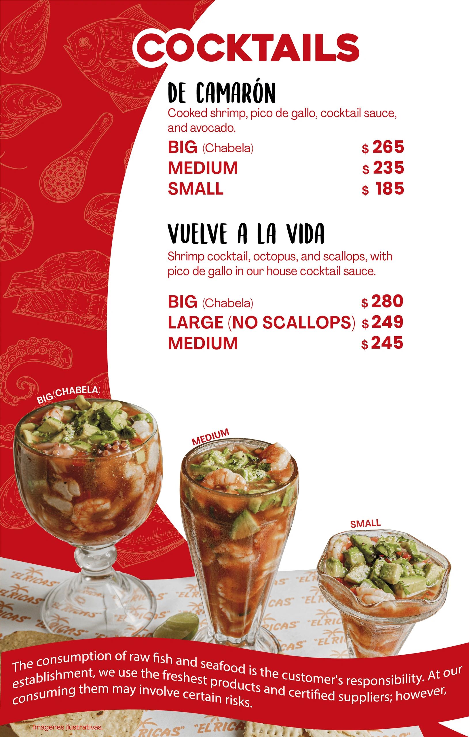 Seafood cocktail menu featuring shrimp and octopus with various sizes and prices.