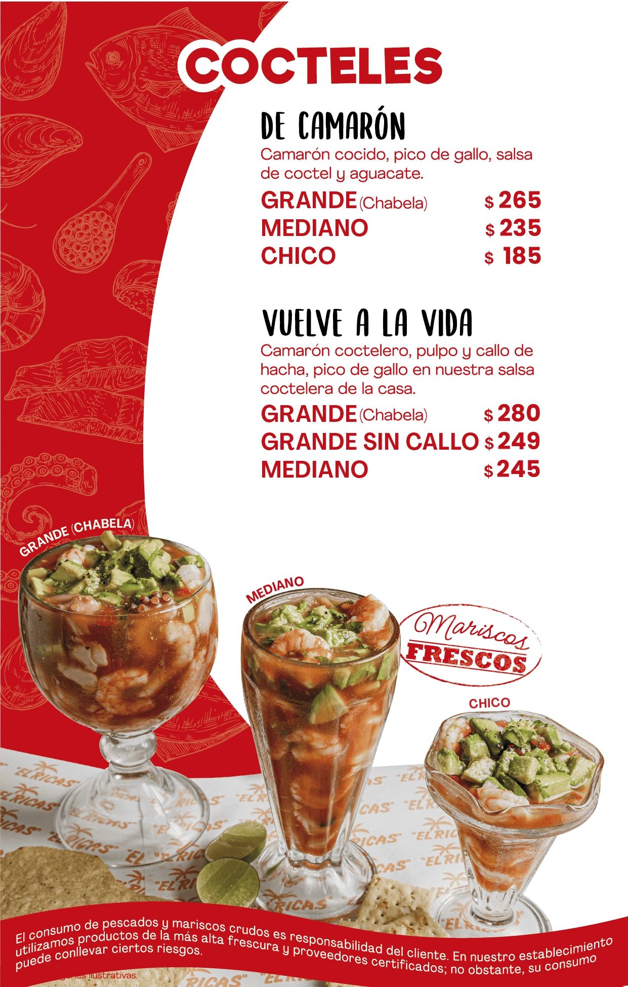 Menu of shrimp cocktails in three sizes with fresh seafood ingredients and prices.