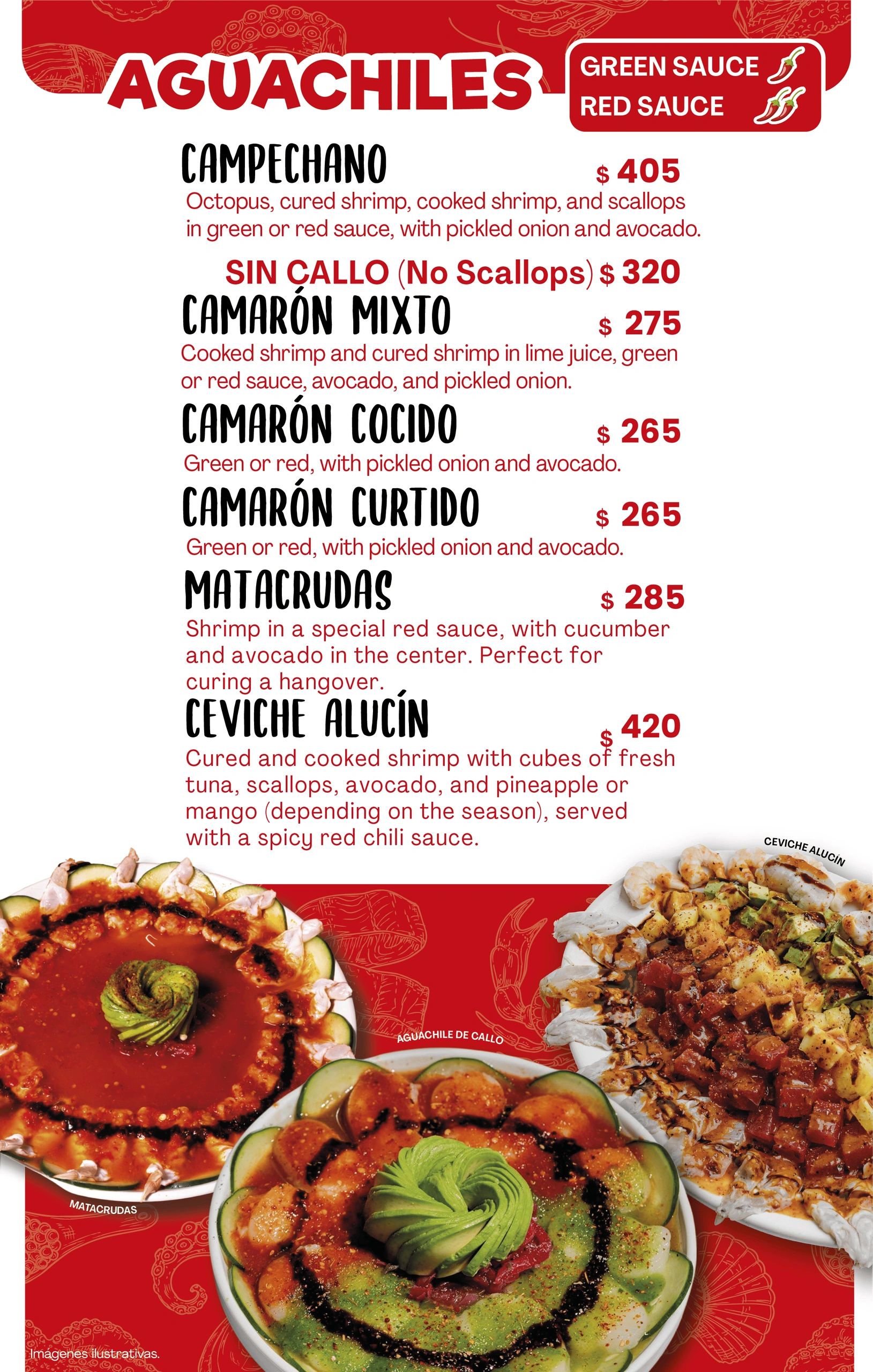 Menu of aguachiles with various seafood options and sauces.