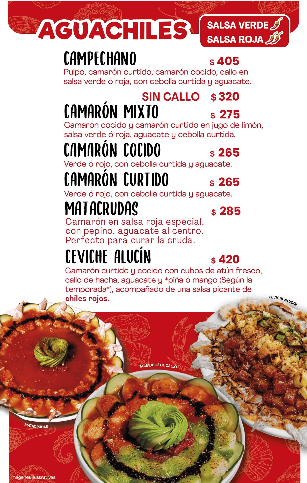 Menu of aguachiles with various shrimp and seafood options, served with green or red salsa.