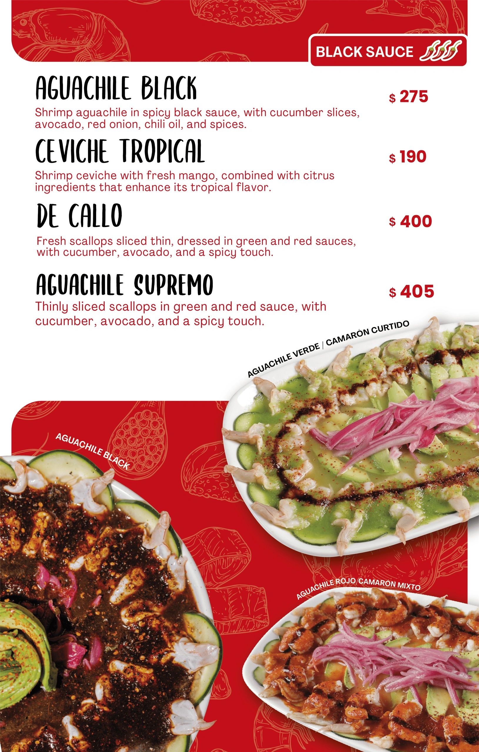 Menu of spicy seafood dishes with black sauce, featuring aguachile and ceviche variations.