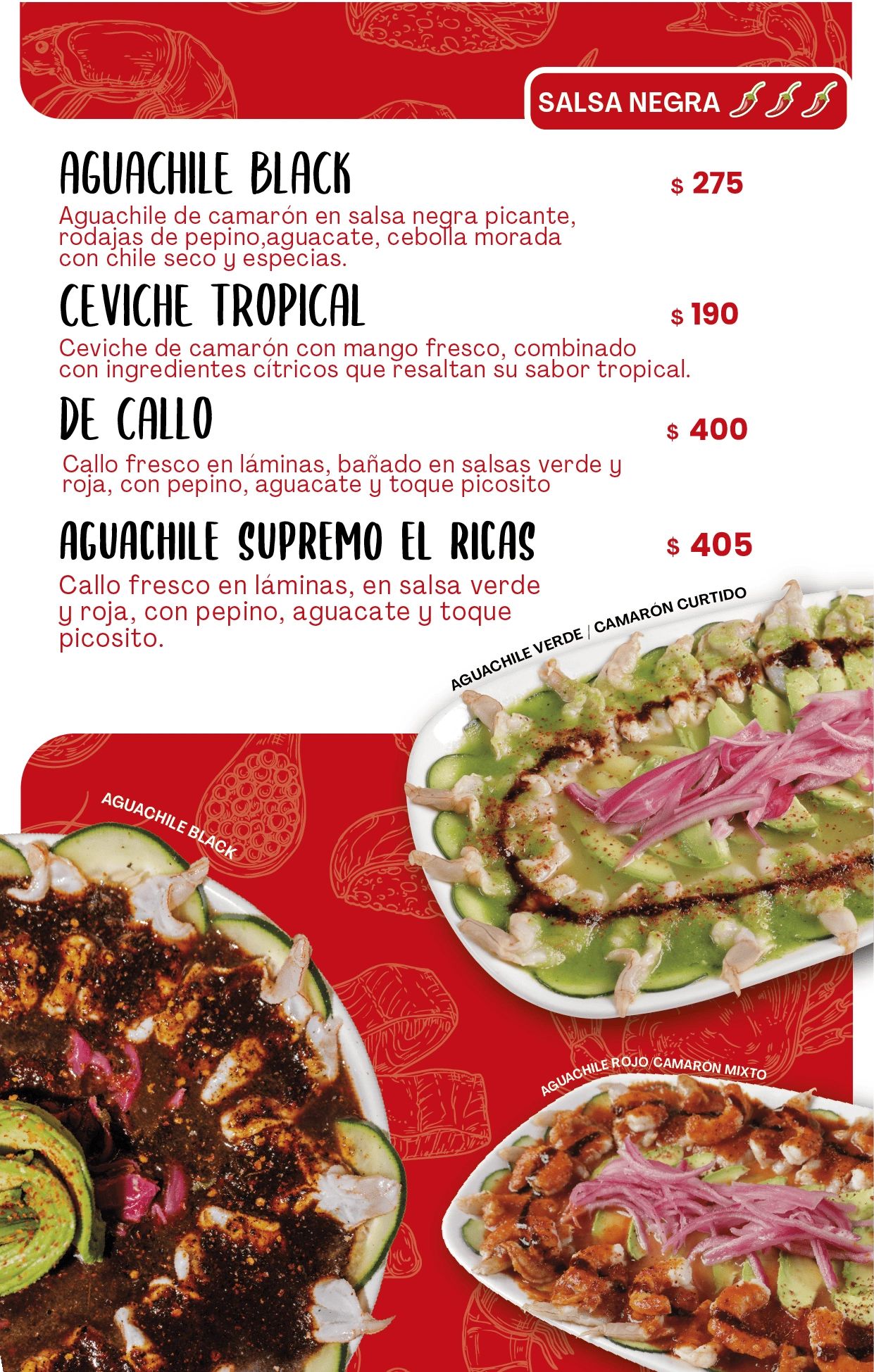 Menu of spicy black sauce seafood dishes with prices and descriptions.