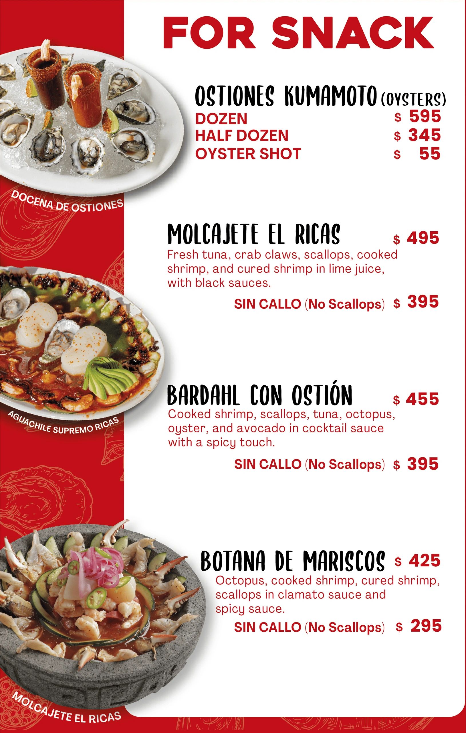 Seafood snack menu featuring oysters, molcajete, and seafood platter with prices.