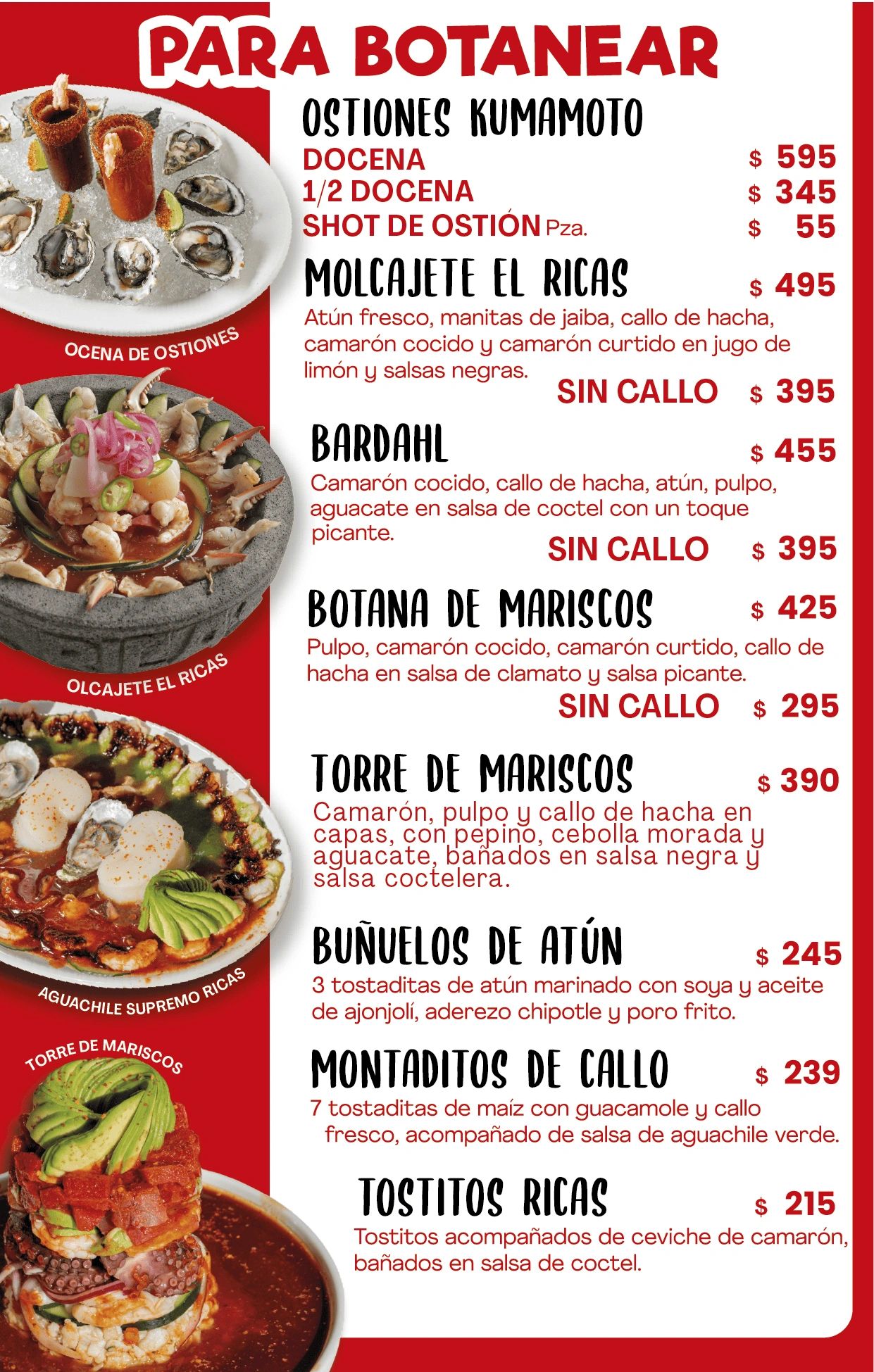 Menu of seafood snacks with prices including oysters, ceviche, and seafood cocktails.