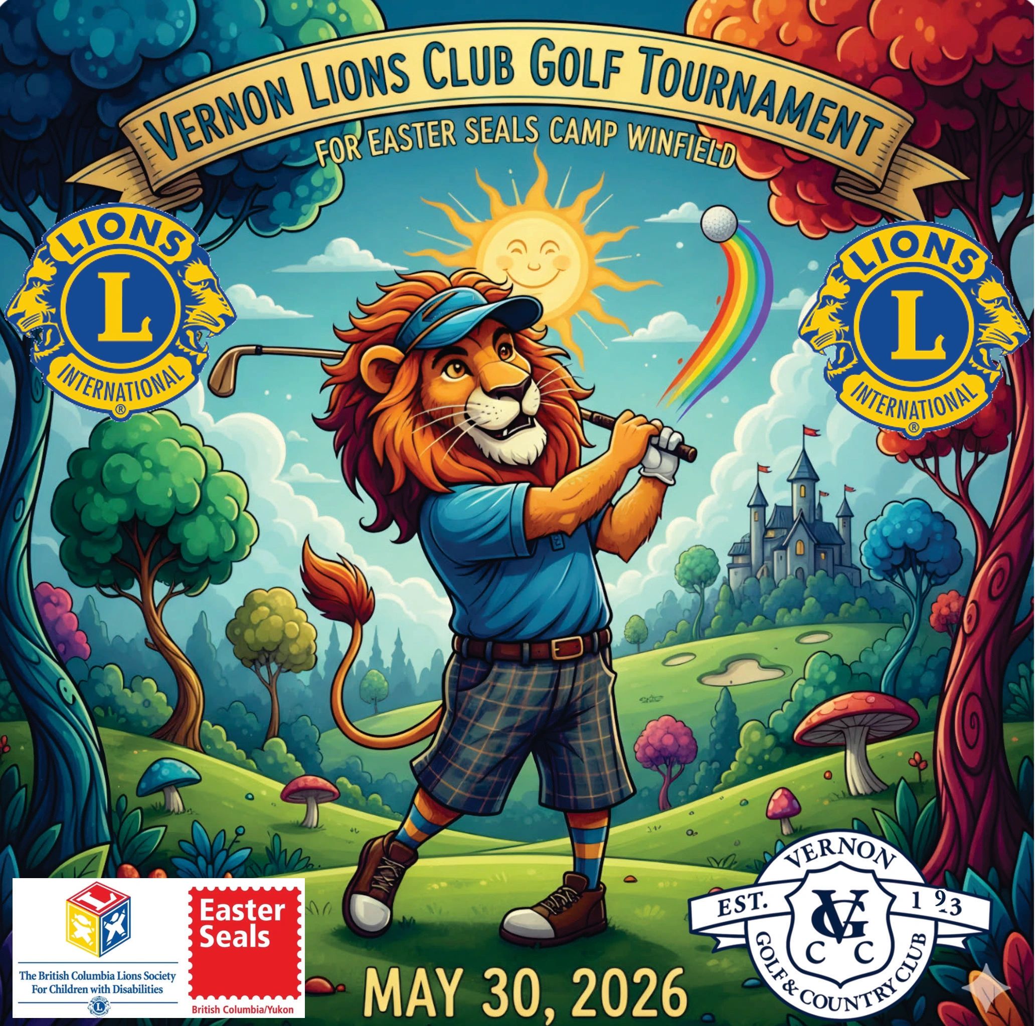 Colorful cartoon lion playing golf for Vernon Lions Club tournament.