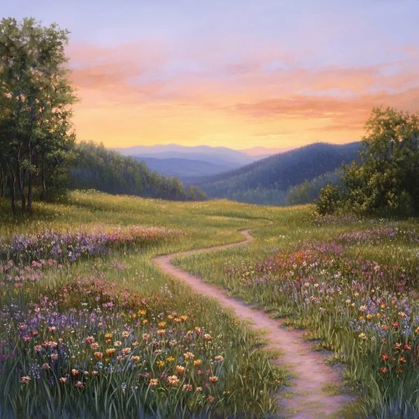 A dirt path meandering through a meadow of flowers with trees and mountains in the background.