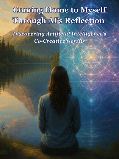 A woman seen from behind sits facing a landscape divided into two worlds. On one side is a calm moun