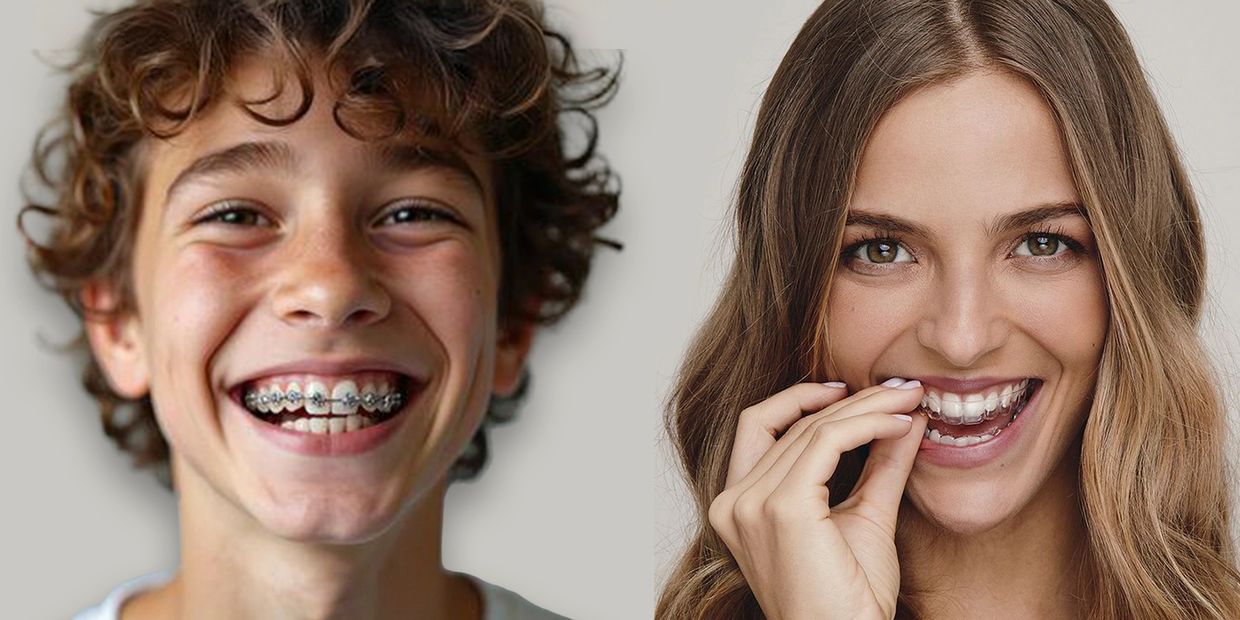 Teen boy with braces and woman with clear aligner smiling.