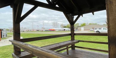 This is a 12x16 structure the color is rustic brown and the metal roof is brown.