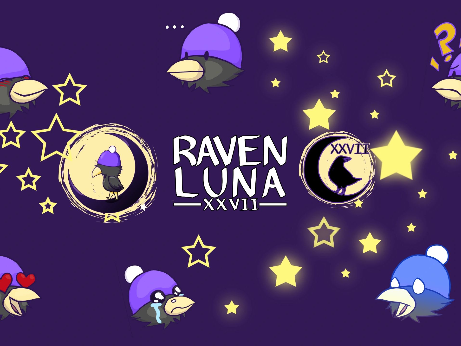 Cartoon ravens with purple hats and stars around 'Raven Luna XXVII' text.