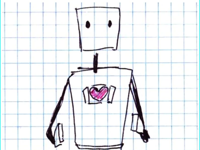Simple robot drawing with a pink heart on graph paper.