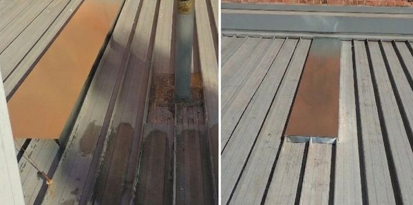 Side-by-side images showing a metal roof with a pipe and a covered section after removal.
