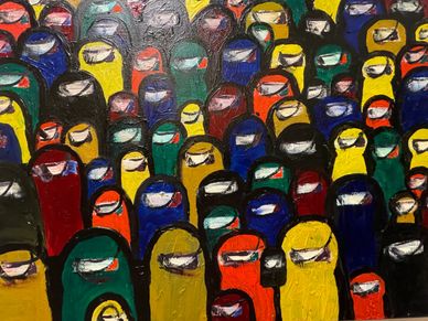 Colorful crowd of abstract figures with expressive eyes in a textured painting.