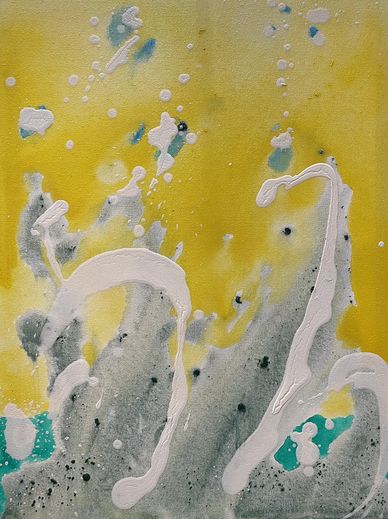 Abstract painting with yellow, white, gray, and teal splashes and swirls.